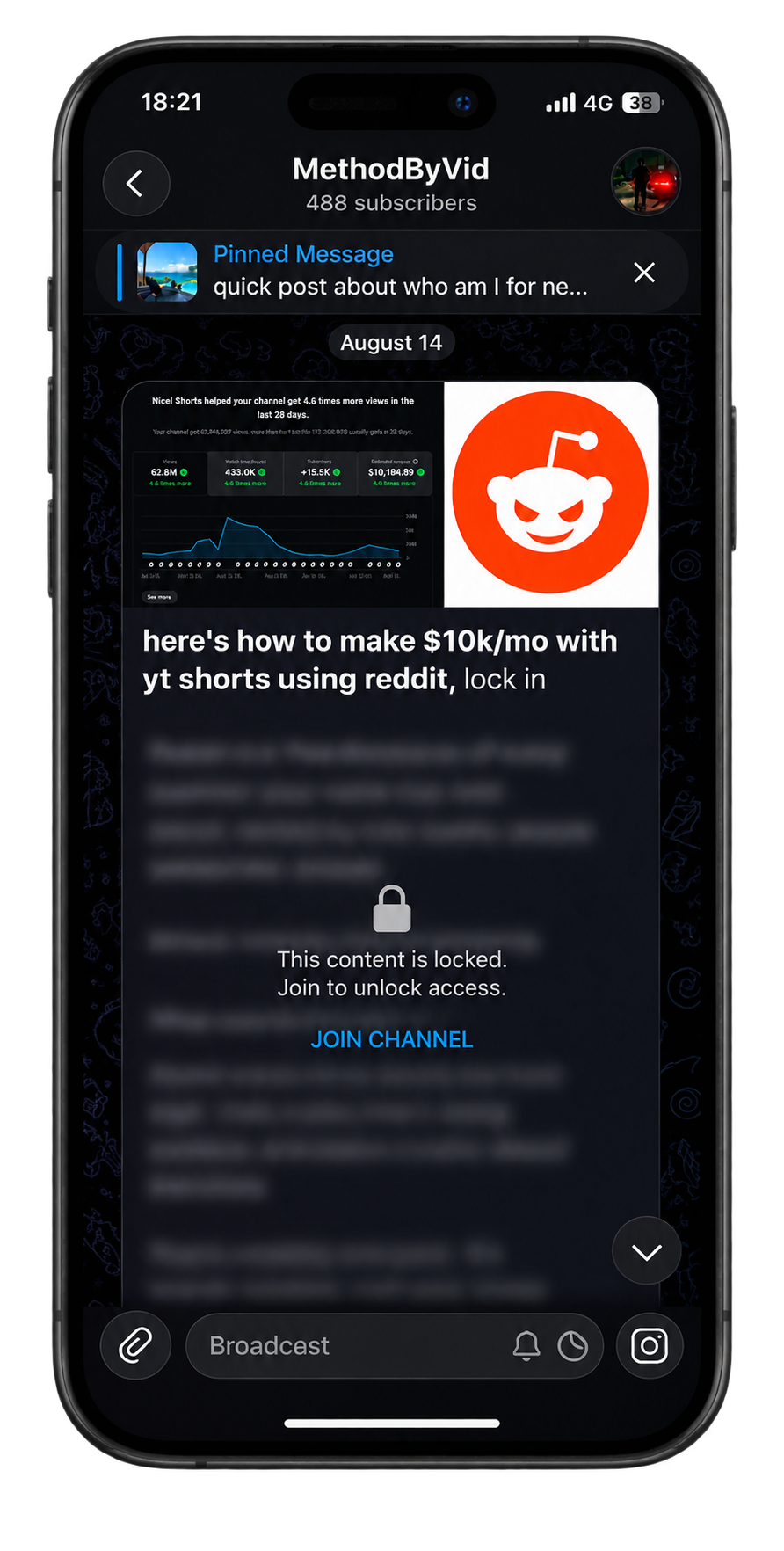 Locked Telegram post about making money with YouTube Shorts using Reddit